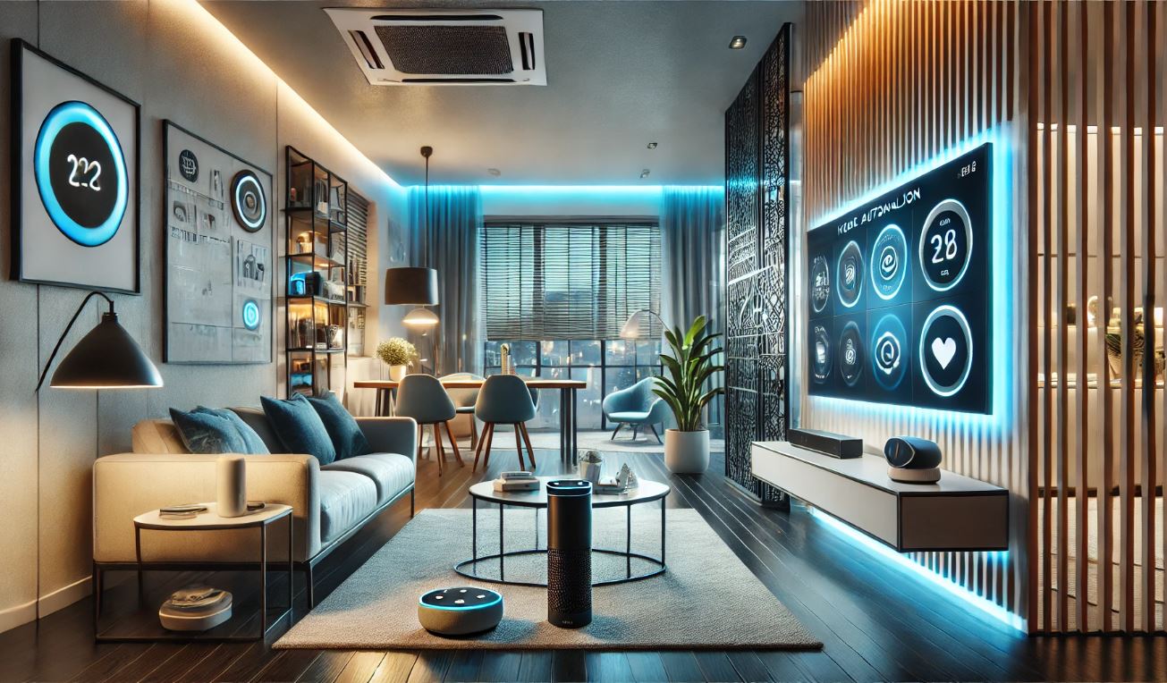Sala moderna com dispositivos de casa inteligente